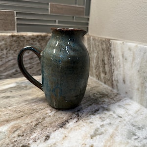 Vintage Ceramic Creamer Pitcher: Blue-Gray & Green Glaze, 4.75&quot;