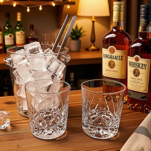 May include: A clear glass ice bucket filled with ice cubes and metal tongs, two crystal-cut whiskey glasses, and two amber-colored whiskey bottles labeled Honghaacle and Whiskey, arranged on a wooden surface.