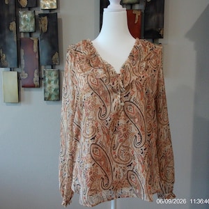 LOFT Ann Taylor EUC Paisley Gold Fall Floral, Tunic Top,  V-Neck, Women Size L, Long Sleeved,BoHo Chic,Printed Top,Casual Wear,Versatile