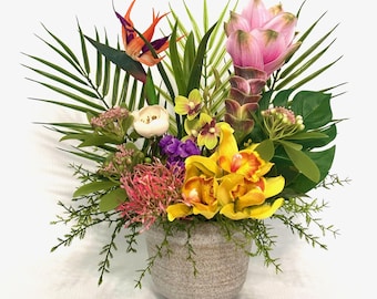 Artificial Tropical Flower Arrangement, Bird of Paradise, Orchids, Exotic Centerpiece Home Decor