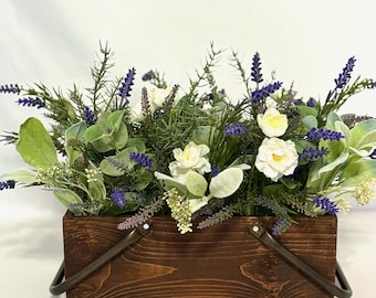 Lavender & Rosemary Faux Floral Arrangement | Rustic Wooden Box Centerpiece | Farmhouse Spring Decor