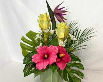 20" Tropical Faux Flower Arrangement, Hibiscus Centerpiece, Ceramic Planter, Hawaiian Decor
