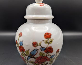 Vintage Lidded Porcelain Ginger Jar with Bluebirds, Poppy Floral, and Gold Details