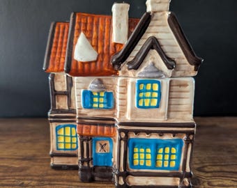 Mini tarro de galletas de cerámica estilo casa victoriana vintage pintado a mano
