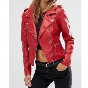 Women’s Handmade Slim Fit Moto Style Biker Genuine Lambskin Red Leather Jacket