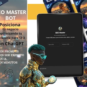 Peut inclure: Image promotionnelle pour les services SEO avec le texte "SEO MASTER BOT" et "Posiciona tu negocio optimizando tu contenido para SEO con ChatGPT." Une personne aux cheveux et lunettes turquoise tient un globe lumineux. Une tablette affiche l'application "SEO Master".