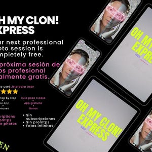 Puede incluir: Imagen promocional con múltiples tabletas y teléfonos inteligentes que muestran el texto "OH MY CLON! EXPRESS" en amarillo y rosa. La imagen incluye texto en inglés y español que anuncia una sesión de fotos profesional gratuita.