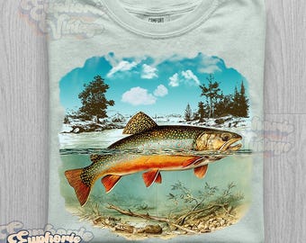 Comfort Colors® Trout Fish T-shirt, Vintage Landscape Tee, Fishing Shirt, Retro Lake Nature