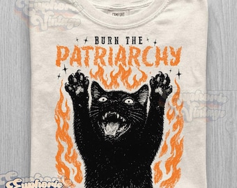 Camiseta feminista vintage de los 90 con gato, camiseta "Quema el patriarcado", camiseta divertida de protesta feminista