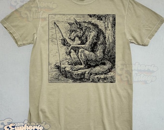 Vintage Wolf Fishing T-Shirt, Nature Lover Tee, Werewolf Shirt, Vintage Werewolf, Retro Halloween TShirt