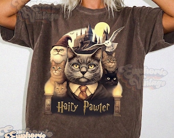 Comfort Colors® Hairy Pawter Cat T-shirt, Funny Cat Tee, Animal Lover Gift, Cat Wizard Fantasy Shirt, Vintage 90s Graphic Tee