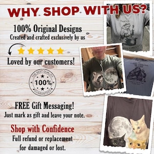 May include: A promotional image with text that reads "WHY SHOP WITH US?" and "100% Original Designs." It also features customer testimonials and images of t-shirts with various graphic designs, including a frog, raccoon, and cats.