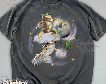 Three Frogs Moon T-Shirt, Vintage Graphic Tee, Frog Lovers Gift, Funny Frog In Galaxy Tee