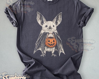 Camiseta retro de murciélagos de Halloween de Comfort Colors®, camiseta de temporada espeluznante, camiseta gráfica de Halloween extragrande de los 90.