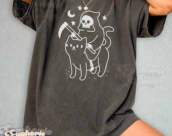 Grim Reaper Riding a Cat T-shirt, Funy Halloween Tee, Unisex Adult Graphic Tee, Spooky Season