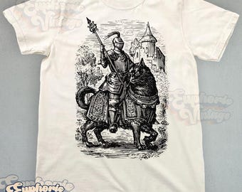 Knight Cat Rider T-shirt, Retro 90s Graphic Tee, Dark Art, Medieval Shirt, Funny Cat, Meme Shirt
