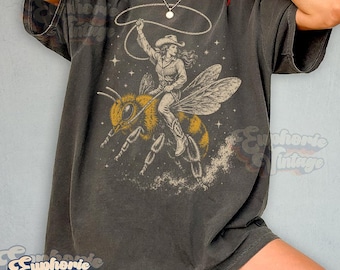 Cowgirl Riding Bee T-Shirt, Vintage Western Tee, Retro Grunge, Unisex Adult Graphic Tee