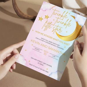 Modelo de convite para revelação do sexo do bebê Twinkle Twinkle Little Star, convite rosa e azul com lua dourada e estrelas, ele ou ela, menino ou menina