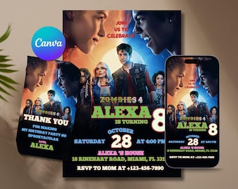 Zombies 4 Birthday Invitation Template, Editable Disney Zombies Party Invite, Dawn of the Vampires Party, Printable & Video Invitation