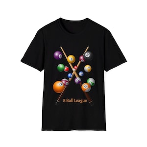Cool 8 Ball League Unisex Softstyle T-Shirt, Pool Lovers Gift, Game Night Shirt, Billiards Tee, Sports Fan Apparel