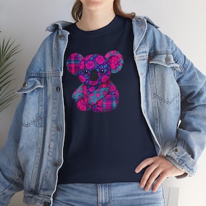 Tartan Floral Cute Koala Tee, Plaid Tshirt, Flower Design Shirt, Adorable Animal Top, Unisex Heavy Cotton, Gender Neutral Clothing