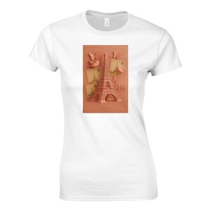 Maglietta Torre Eiffel rosa con motivo cartolina dorata / T-shirt casual da donna