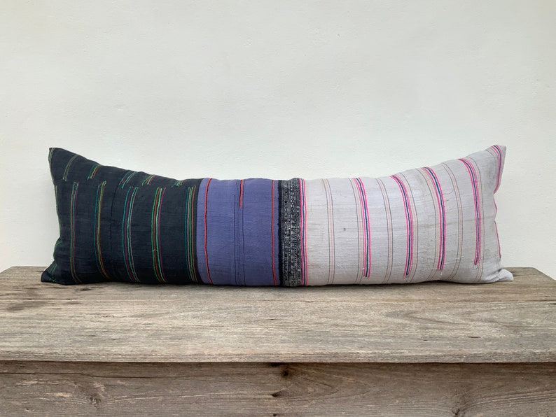 black Hemp 12 x 36 pillow case Hmong Farmhouse Bohemian,Linen pillow cover HMONG PILLOW LUMBAR Vintage Hmong Pillow Boho green