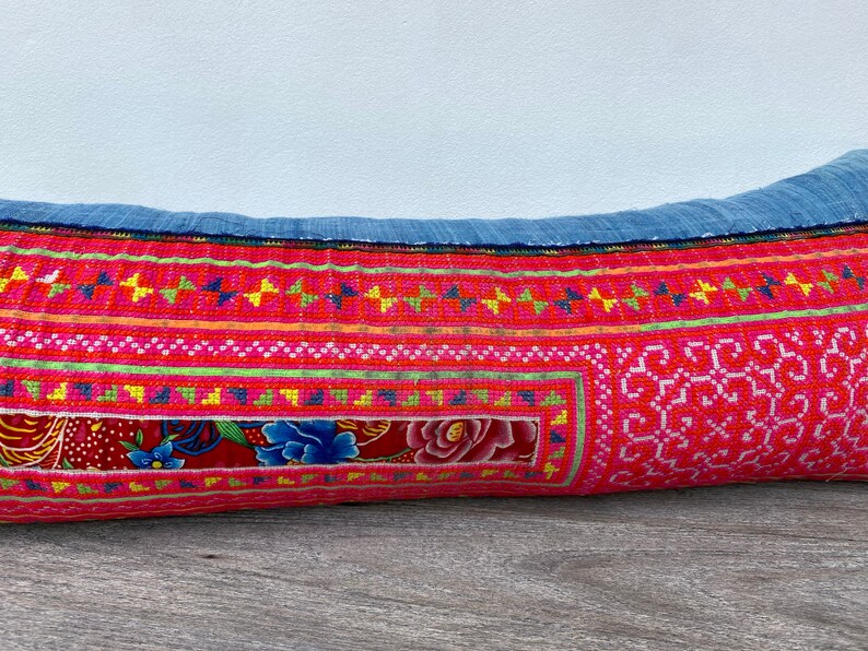 HMONG PILLOW Blue Pink LUMBAR 12 X 36 Hmong Hemp Fabric Etsy