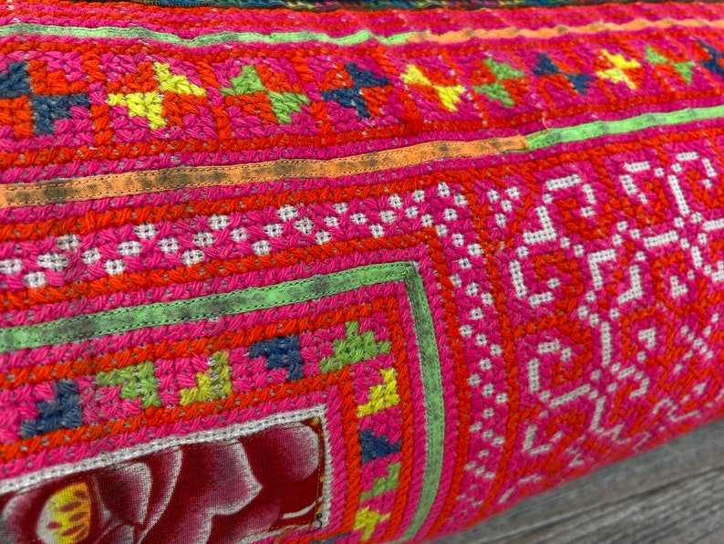 HMONG PILLOW Blue Pink LUMBAR 12 X 36 Hmong Hemp Fabric Etsy