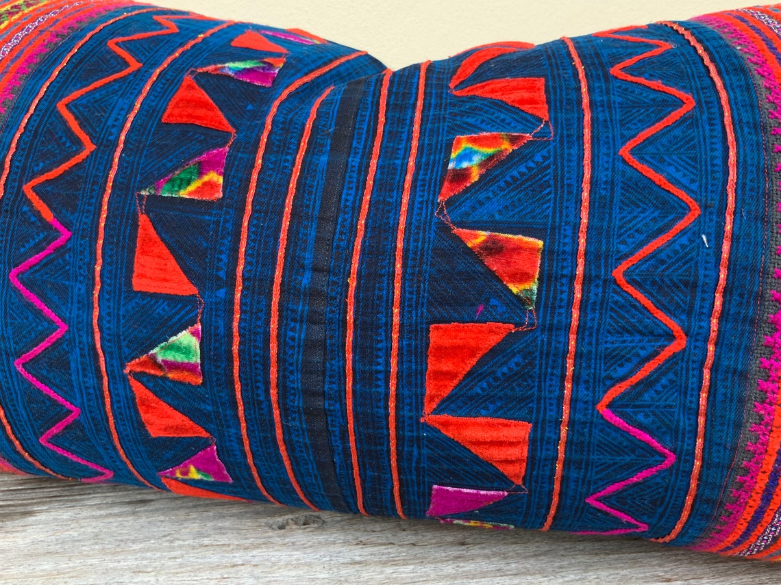 HMONG PILLOW LUMBAR 16 x 32 Hmong Blue red cushion Vintage Etsy