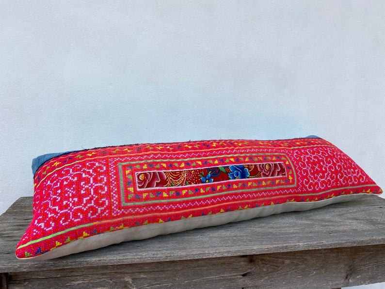 HMONG PILLOW Blue Pink LUMBAR 12 X 36 Hmong Hemp Fabric Etsy