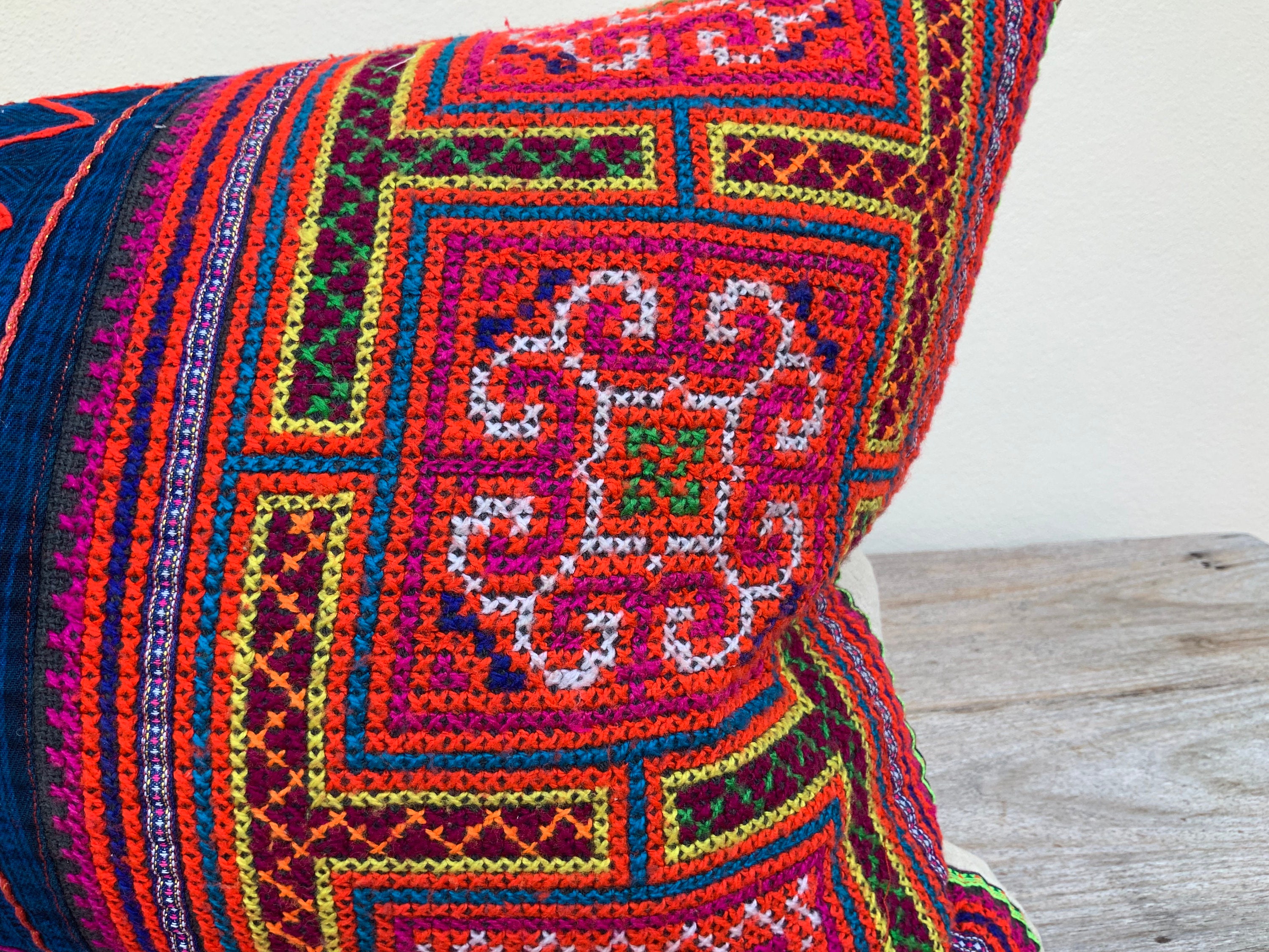 HMONG PILLOW LUMBAR 16 x 32 Hmong Blue red cushion Vintage Etsy