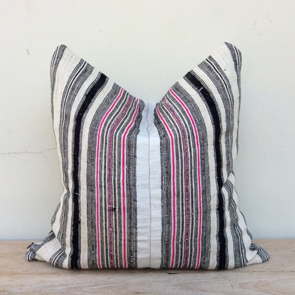 Stripe Pillow Case Nature Hemp Hand Woven  A Piece Of Vintage Tribal Textile 20" x 20" Front And Reverse Same Fabric