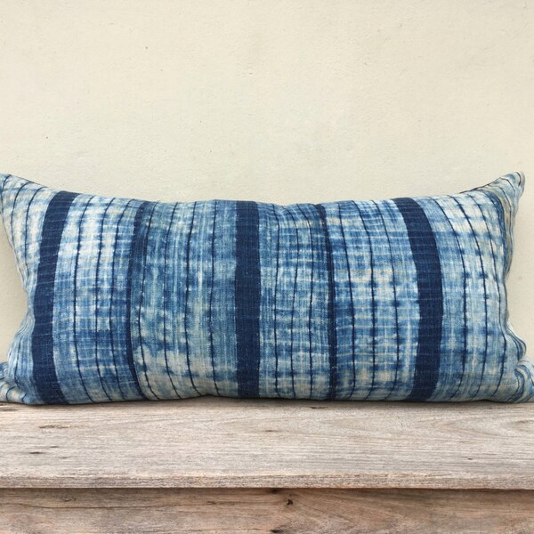 16 x 32 inches Vintage Homespun Hemp Batik Indigo Dip dye Hand Woven Pillow Case Pieces Of Tribal Costume