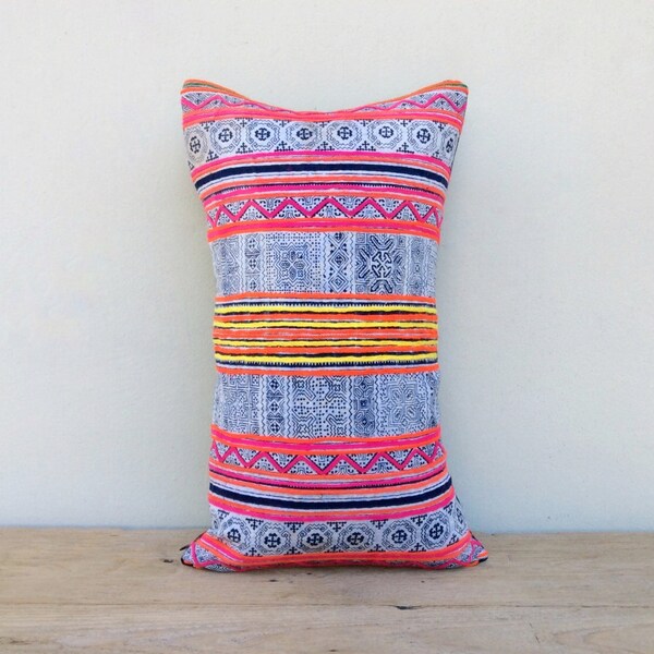 HMONG PILLOW PINK, vintage ethnic pillow A Piece Of Tribal Textile pillowcase, Bohemian cushion 12 x 20