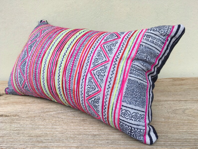 Queen of mountain pink striped Hmong pillow indigo hemp 12 x 20 inches blue