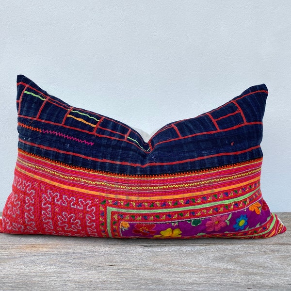 16" x 26" Vintage Hmong textile embroidered patchwork decorative throw Pillow Case Pieces Of Retro Tribal Costume, boho pillowcase