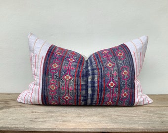 16 x 26 inches, cushion cover, Vintage Homespun Hemp Batik Indigo Dyed Hand Woven ,Pillow Case, Hmong pillow, Reverse Hemp, living room