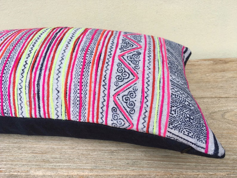 Queen of mountain pink striped Hmong pillow indigo hemp 12 x 20 inches blue