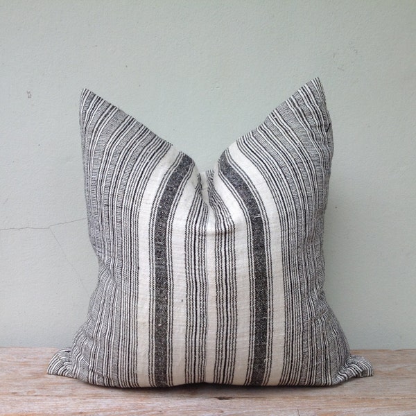 Navy Stripe Pillow Case Nature Hemp Hand Woven  A Piece Of Vintage Tribal Textile 20" x 20" Front And Reverse Same Fabric