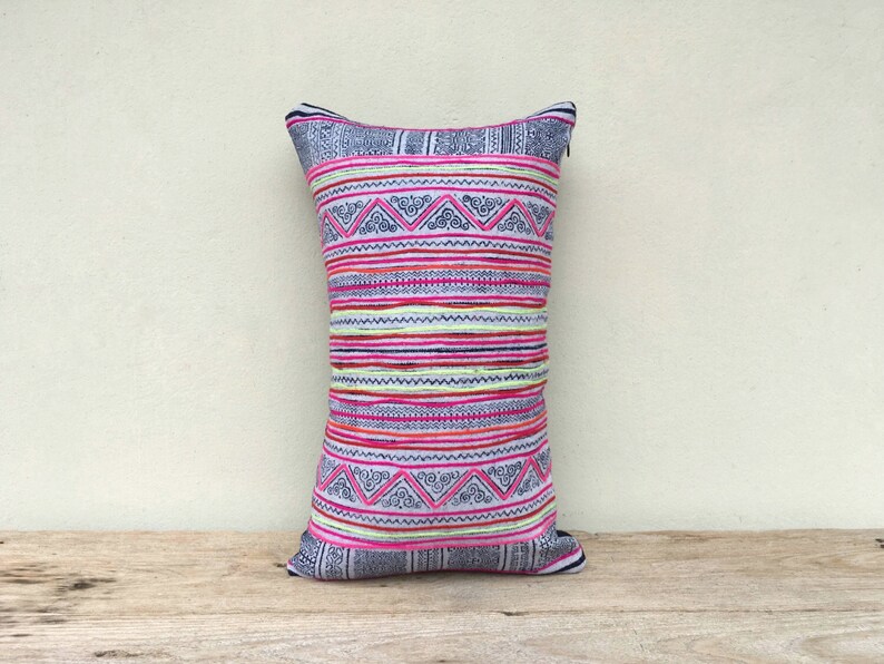 Queen of mountain pink striped Hmong pillow indigo hemp 12 x 20 inches blue