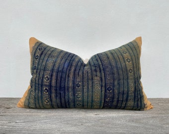 16” x 26” Vintage Ethnic Hmong Homespun Oganic Cotton Batik  Pillow Case Pieces Of Porcelain Tribal design Farmhouse pillow, rustic pillow