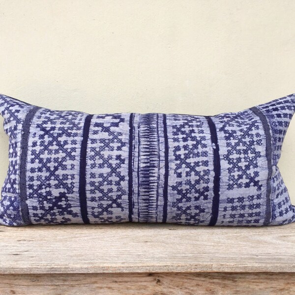 16" x 32" Vintage Hemp Ethnic Hmong indigo dyeing Batik Pillow Case Pieces Of Retro Tribal Costume