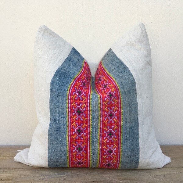 Vintage HMONG Blue Navy Nautical Pillow Case Textile Batik Boho Bohemian Hand dyed Tribal Embroidered Ethnic Textile 