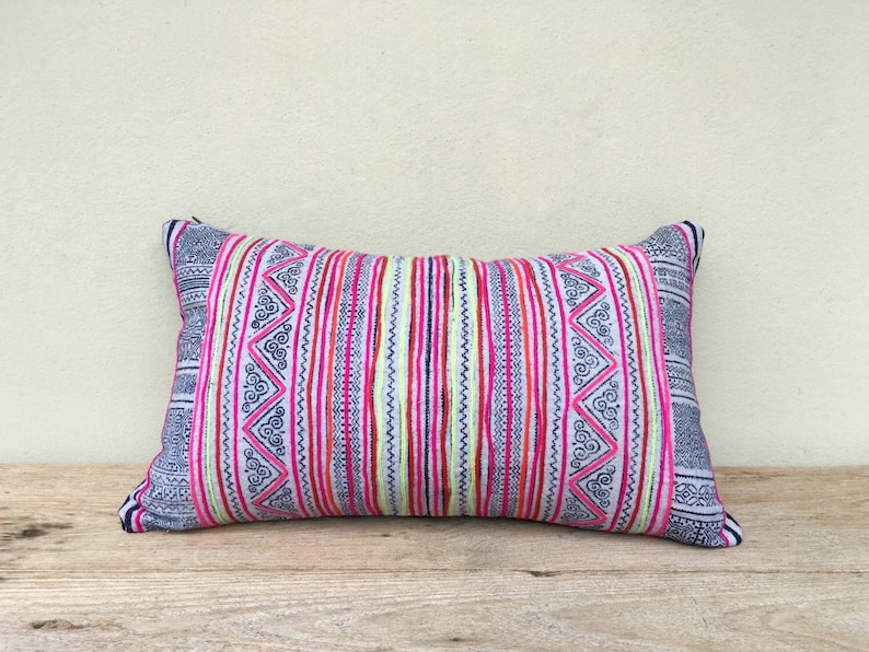 Queen of mountain pink striped Hmong pillow indigo hemp 12 x 20 inches blue