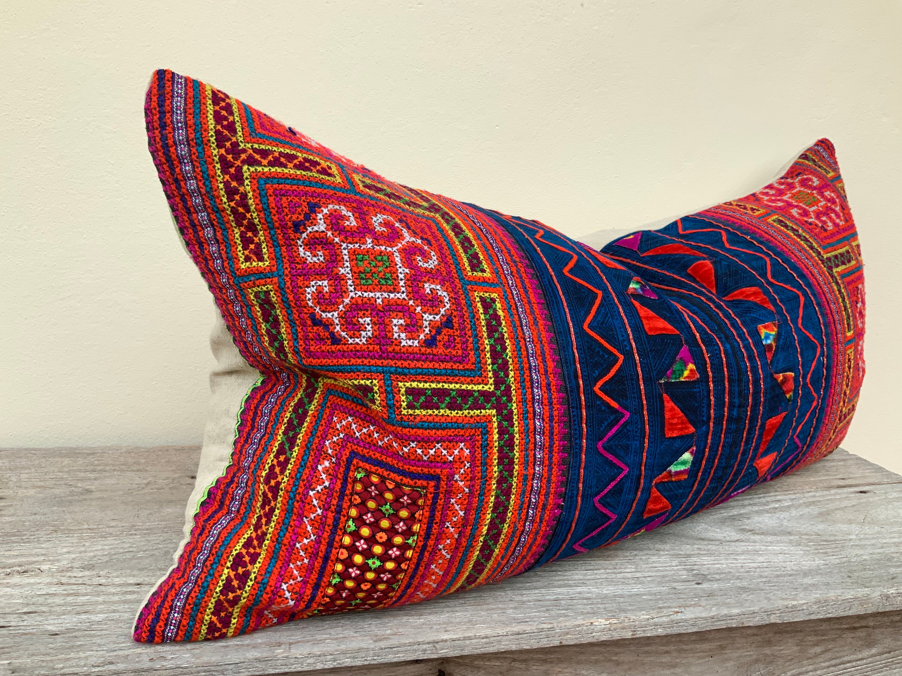 HMONG PILLOW LUMBAR 16 x 32 Hmong Blue red cushion Vintage Etsy