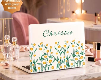 Gepersonaliseerde MacBook-hoes met bloemen | Aangepaste naam laptophoes | Gele bloem MacBook Air/Pro/Neo harde schaal