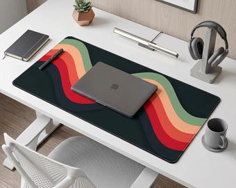 Abstrakte Schreibtischmatte • Retro Wave Schreibtischunterlage • Großes Mauspad • Glatte Neopren Oberfläche • Rutschfester recycelter Gummi • Modernes Büro Dekor
