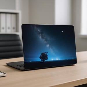Könnte beinhalten: Ein Laptop mit einem Bildschirm, der eine Nachthimmel-Szene mit einem Baum zeigt. Der Laptop steht auf einem hellen Holzschreibtisch, mit einem Notizblock und einem Stift links. Ein weißer Becher mit Stiften und ein schwarzer Stuhl sind im Hintergrund.