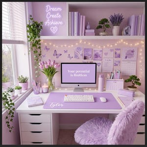 May include: A white desk setup featuring a computer monitor displaying the text Your potential is limitless, a purple desk mat with the name Tylor, a white keyboard, a mouse, a purple candle, a vase of tulips, and a fuzzy purple chair.